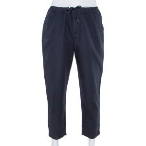 Pre Owned Emporio Armani Navy Blue Self Checked Cotton Drawstring Trousers XXL