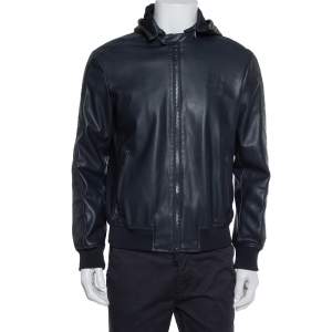 Pre Owned Emporio Armani Navy Blue Faux Leather Hooded Zip Front Jacket L
