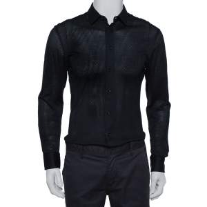Pre Owned Emporio Armani Navy Blue Perforated Stretch Cotton Button Front Shirt M