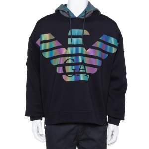 Pre Owned Emporio Armani Black Knit Quilted Detail Hooded Sweatshirt XL