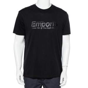 Pre Owned Emporio Armani Black Logo Embroidered Cotton Crewneck T-Shirt XXL