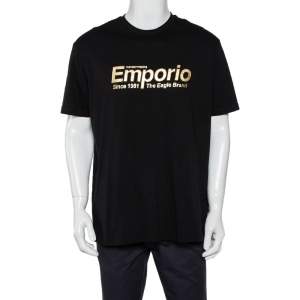 Pre Owned Emporio Armani Black Cotton Logo Printed Crewneck T-Shirt 3XL