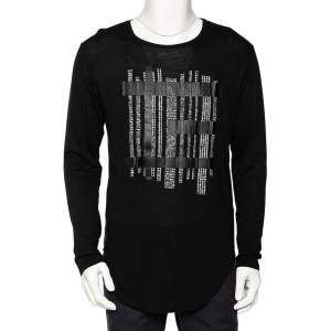 Pre Owned Emporio Armani Black Cotton & Modal Applique Detail Long Sleeve T-Shirt M