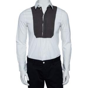 Pre Owned Emporio Armani White Stretch Cotton & Contrast Wool Paneled Button Front Shirt M