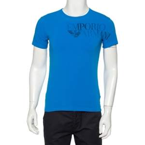 Pre Owned Emporio Armani Blue Logo Printed Stretch Cotton Crewneck T-Shirt S