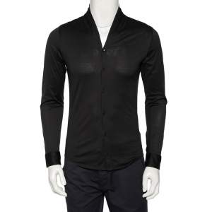 Pre Owned Emporio Armani Black Cotton Shawl Lapel Collar Detail Button Front Shirt S 