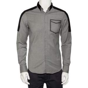 Pre Owned Emporio Armani Grey Wool Contrast Trim Button Front Shirt M