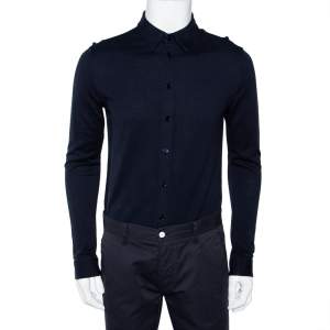 Pre Owned Emporio Armani Navy Blue Knit Button Front Shirt L