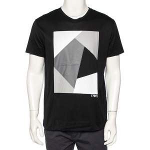 Pre Owned Emporio Armani Black Abstract Printed Cotton Crewneck T-Shirt M