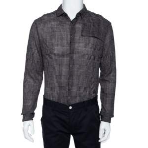 Emporio Armani Brown Checkered Knit Overlay Detail Button Front Shirt L