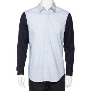 Pre Owned Emporio Armani Blue Checkered Cotton Contrast Sleeve Button Front Shirt L