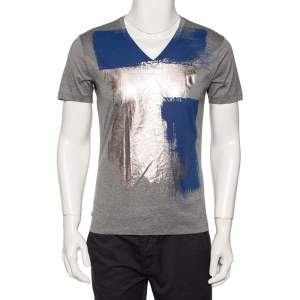 Pre Owned Emporio Armani Grey Abstract Metallic Printed Cotton V-Neck T-Shirt M