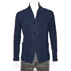 Emporio Armani Navy Blue Rib Knit Button Front Blazer L