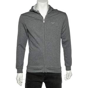 Pre Owned Emporio Armani Grey Cotton Knit Hooded Sweatshirt L
