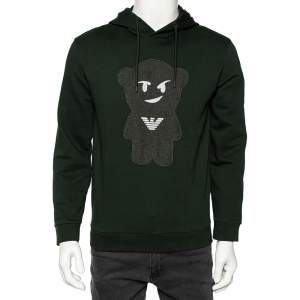 Pre Owned Emporio Armani Green Cotton Manga Bear Logo Embroidered Hoodie M 