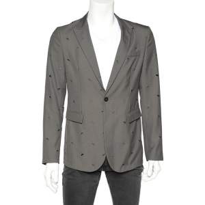 Emporio Armani Grey Wool Cut-Out Patterned Single Breasted Blazer M 