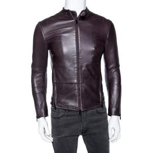 Pre Owned Emporio Armani Brown Leather Zip Front Jacket XS