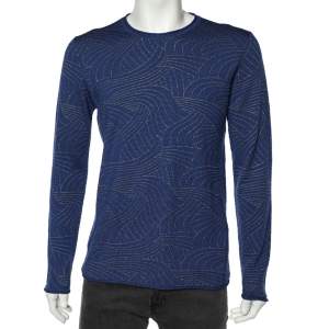 Emporio Armani Blue Patterned Knit Crewneck Sweater L