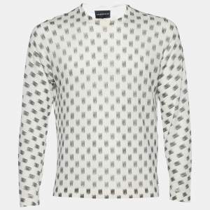 Pre Owned Emporio Armani White Printed Cotton Knit Round Neck Sweater M