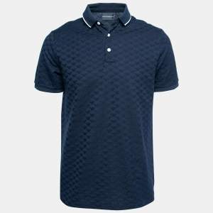 Pre Owned Emporio Armani Navy Blue Textured Knit Short Sleeve Polo T-Shirt L