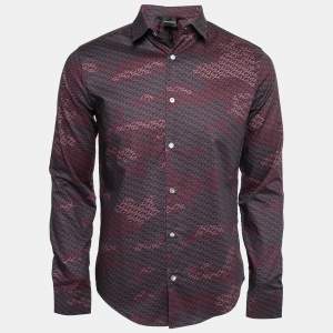Pre Owned Emporio Armani Navy Blue & Red Logo Print Button Front Shirt S