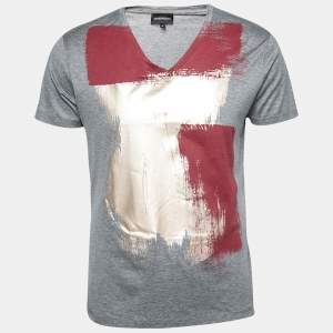 Pre Owned Emporio Armani Grey Cotton Printed V-Neck Short Sleeve T-Shirt M