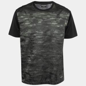 Pre Owned Emporio Armani Black & Camouflage Paneled Cotton Short Sleeve T-Shirt S