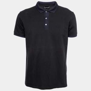 Pre Owned Emporio Armani Black Cotton Pique Contrast Trimmed Polo T-Shirt XL