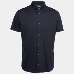 Pre Owned Emporio Armani Navy Blue Stretch Cotton Short Sleeve Shirt 2XL