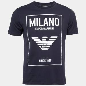 Pre Owned Emporio Armani Navy Blue Cotton Logo Print Crewneck T-Shirt M