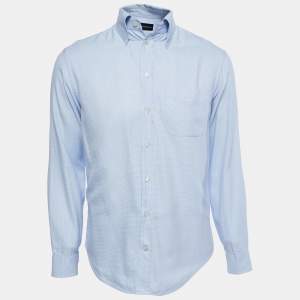 Pre Owned Emporio Armani Blue Patterned Cotton Button Down Shirt M