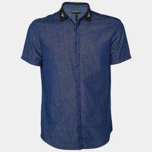 Pre Owned Emporio Armani Navy Blue Denim Contrast Collar Slim Fit Shirt M