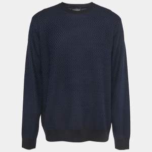 Emporio Armani Navy Blue/Black Patterned Wool Knit Crew Neck Sweater 3XL