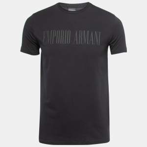 Pre Owned Emporio Armani Black Logo Print Cotton Crew Neck Half Sleeve T-Shirt L