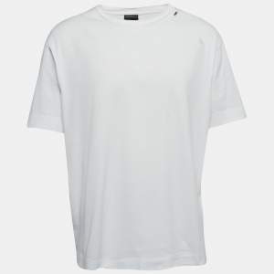 Pre Owned Emporio Armani White Logo Embroidered Cotton Crew Neck T-Shirt XXL