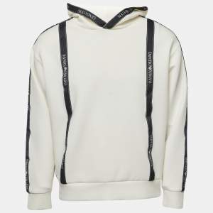 Emporio Armani Off-White Cream Knit Logo Tape Detail Hooded Sweatshirt L