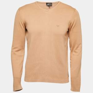 Pre Owned Emporio Armani Beige Cotton Knit V-Neck Sweater L
