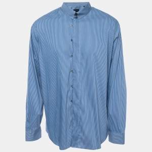 Pre Owned Emporio Armani Blue Striped Cotton Button Front Full Sleeve Shirt XXL