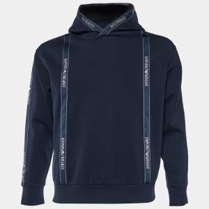 Emporio Armani Navy Blue Cotton Knit Log Tape Detail Hoodie S