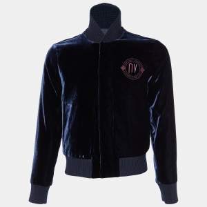 Pre Owned Emporio Armani Navy Blue Velvet NY Embroiderd Contrast Collar Bomber Jacket S