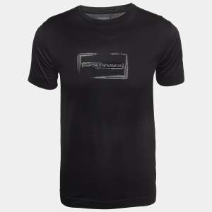 Pre Owned Emporio Armani Black Logo Printed Cotton Knit Crew Neck T-Shirt XS