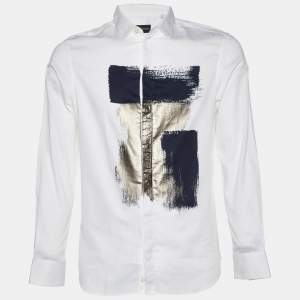 Pre Owned Emporio Armani White Metallic Print Cotton Long Sleeve Shirt M