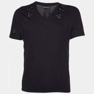 Emporio Armani Black Cotton Patch Detail V-Neck T-Shirt M