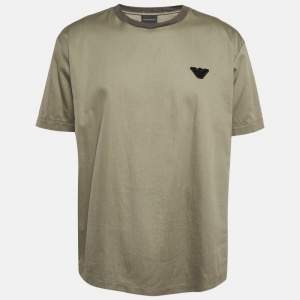 Pre Owned Emporio Armani Green Eagle Patch Cotton Seersucker T-shirt L