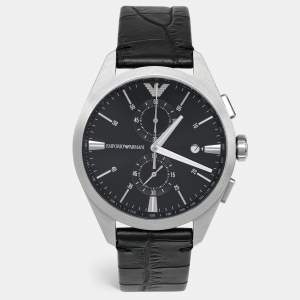 Pre Owned Emporio Armani Black Stainless Steel Embossed Leather Claudio AR11542 Men's Wristwatch 43 mm