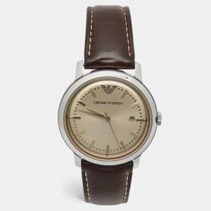 Pre Owned Emporio Armani Champagne Stainless Steel Leather AR-0573 Men's Wristwatch 42 mm 