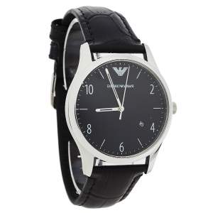 Pre Owned Emporio Armani Black Stainless Steel Leather Classic AR1865 Men's Wristwatch 41 mm
