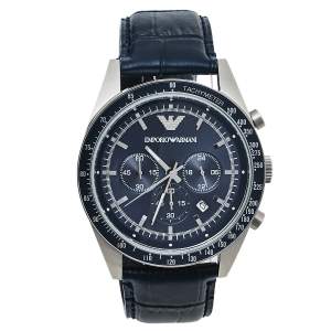 Pre Owned Emporio Armani Navy Blue Stainless Steel Leather AR6089 Men's Wristwatch 46 mm