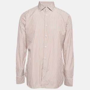 Ermenegildo Zegna Brown Striped Cotton Long Sleeve Shirt L