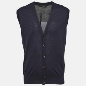 Ermenegildo Zegna Navy Blue Knit Sleeveless Button Front Cardigan L